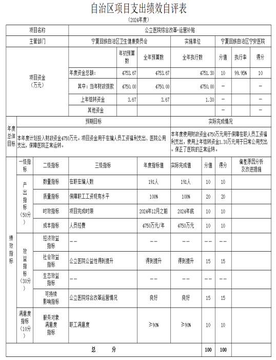 2024年度宁夏回族自治区宁安医院部门决算